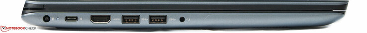 Lado izquierdo: Conector de alimentación, 1 x puerto USB tipo C, 1 x puerto HDMI, 2 x puertos USB tipo A, toma de 3,5 mm.