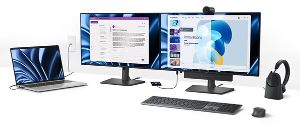 Dos monitores Dell Pro P 27 USB-C Hub uno al lado del otro, uno de los cuales tiene una cámara web y una barra de sonido conectadas.