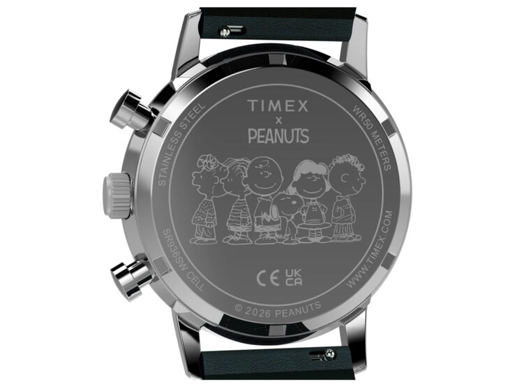 Vista trasera del cronógrafo Timex Peanuts x Marlin, en la que se aprecia el fondo de caja grabado con motivos de Peanuts