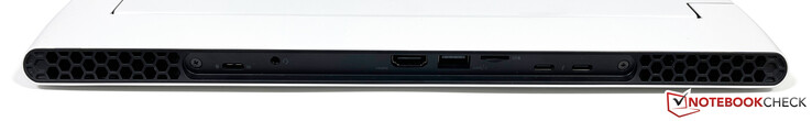 Parte trasera: USB-C 3.2 Gen.2 (15W Power Delivery, DisplayPort 1.4), toma estéreo de 3,5 mm, HDMI 2.1 (HDCP 2.3), USB-A 3.2 Gen.1, microSD (5.2 UHS-II), 2x USB-C con Thunderbolt 4 (15W Power Delivery, DisplayPort 1.4)