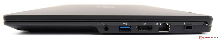 Lado derecho: toma de 3,5 mm, x1 USB 3.0 Tipo-A, DisplayPort, Ethernet, bloqueo Kensington