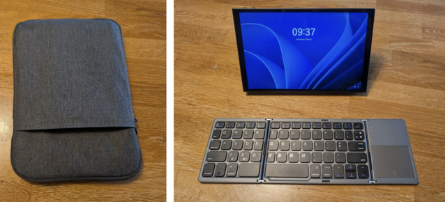 Utilizar la Legion Go como máquina de productividad móvil funciona sorprendentemente bien y se reduce a un tamaño minúsculo. Sólo tiene que asegurarse de disponer de una superficie plana. (Fuente de la imagen: Notebookcheck)