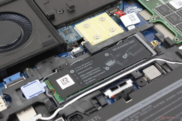 Ranura de SSD ocupada cerca del centro. Dell ofrece una pequeña escotilla opcional en la placa inferior para facilitar el acceso a esta unidad sin necesidad de retirar toda la placa inferior