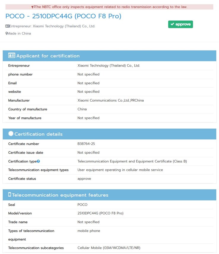 El Poco F8 Pro recibe la certificación NBTC en Tailandia. (Fuente de la imagen: NBTC)