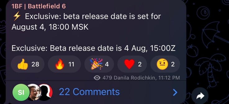 Filtración de la hora de inicio de la beta abierta de Battlefield 6 (Fuente de la imagen: subreddit GamingLeaksandRumours, canal de Telegram 1BF)