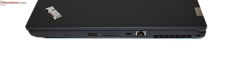 derecha: audio combinado, USB 3.0 tipo A, lector de tarjetas SD, USB 3.1 Gen 1 tipo C, RJ45-Ethernet, bloqueo Kensington