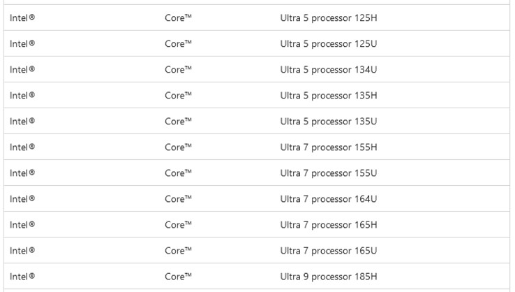 Captura de pantalla del documento de soporte de Microsoft con las CPU Core Ultra (Imagen: @momomo_us)