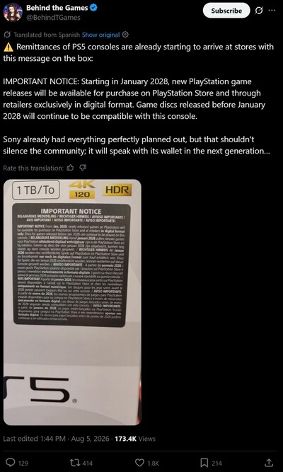 Se muestra la etiqueta de advertencia de la consola PS5 sobre el fin de los juegos físicos