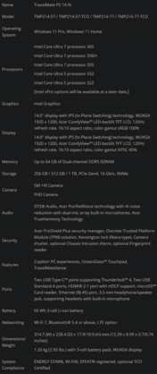 Especificaciones de la TravelMate P2 14 AI
