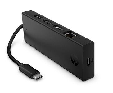Concentrador HDMI USB-C 4K portátil de HP con varios puertos y cable USB-C integrado (Fuente de la imagen: HP)