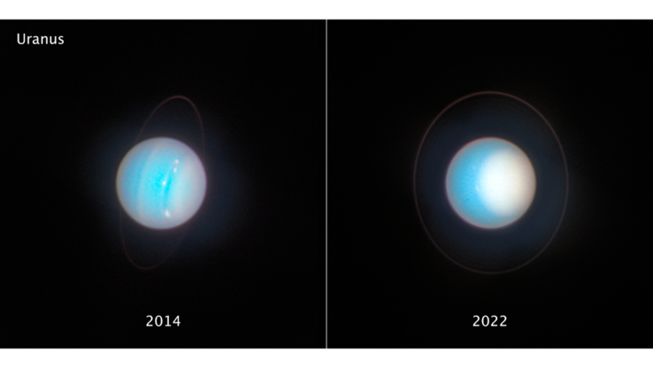 Imágenes paralelas de Urano tomadas con ocho años de diferencia con el telescopio espacial Hubble (Fuente de las imágenes: NASA, ESA, STScI y otros)