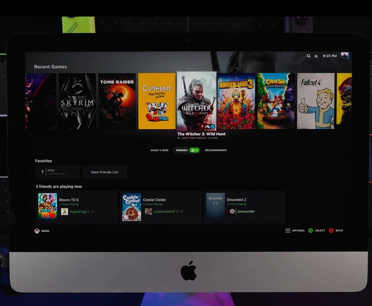 SteamOS funcionando en un iMac 2019 mostrando una interfaz de biblioteca de juegos con títulos como The Witcher 3, Cuphead, Fallout 4 y Skyrim. (Fuente de la imagen: ETA PRIME en YouTube)