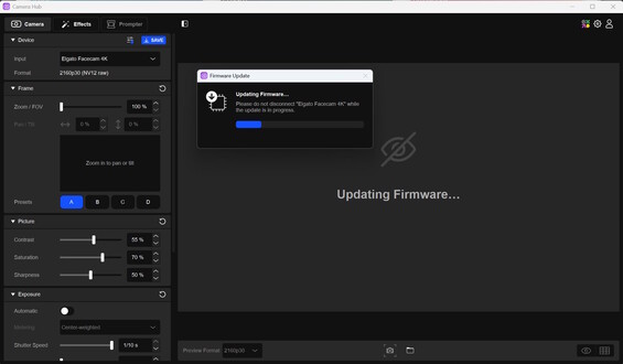 Elgato Camera Hub: Actualización, Ajustes y preajustes a la izquierda 