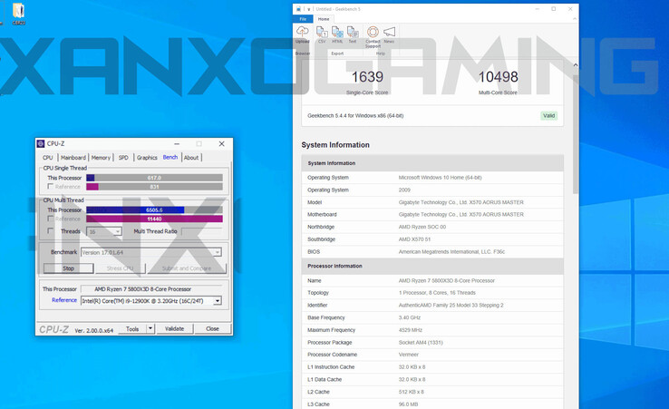 resultados del 5800X3D en CPU-Z y Geekbench (Fuente de la imagen: XanxoGaming)