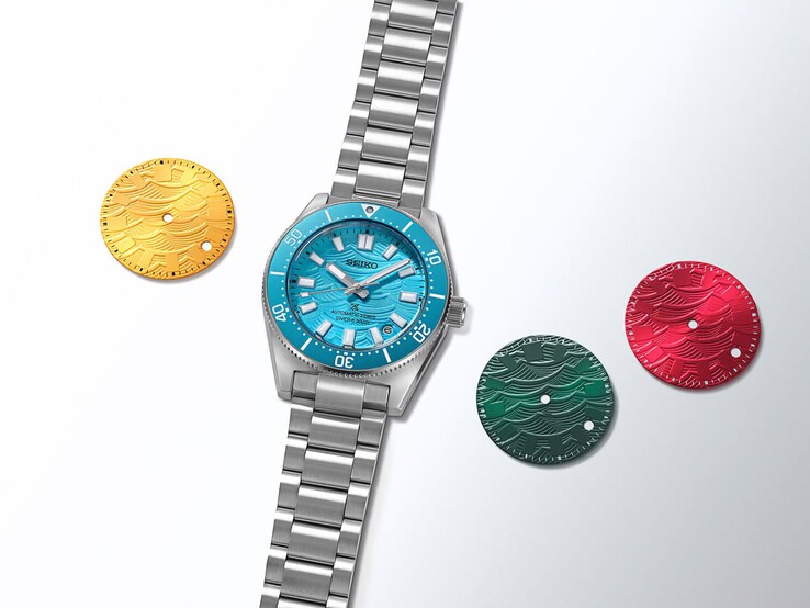 Seiko Prospex 1965 Heritage Diver, con una esfera azul brillante con motivos ondulados y un bisel a juego, rodeada de cuatro diseños de esfera de colores que representan las opciones votadas por los aficionados.