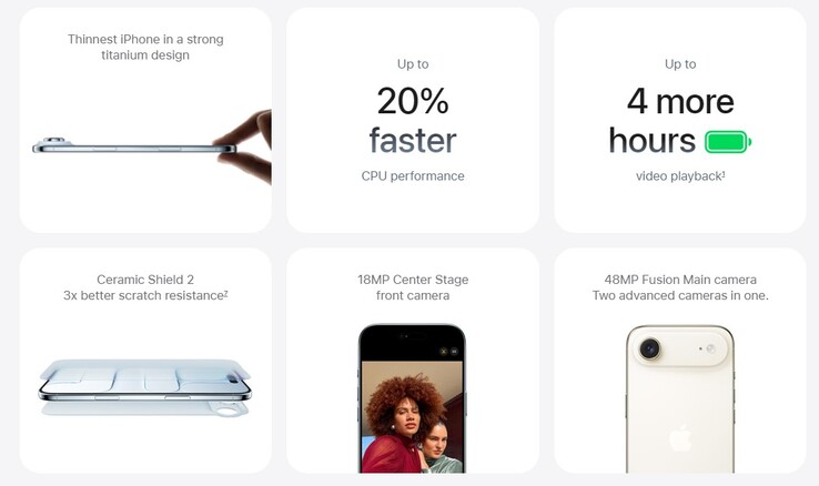 Duración de la batería y características de la cámara del nuevo iPhone Air. (Fuente de la imagen: Apple)
