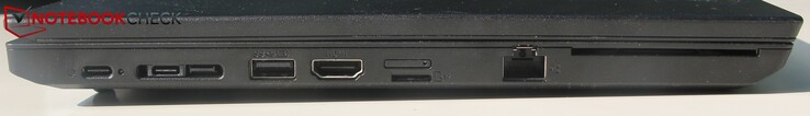 Izquierda: USB-C 3.1 Gen 2 con suministro de energía, puerto de acoplamiento (USB-C 3.1, red), USB-A 3.0, HDMI, microSD, RJ45 LAN