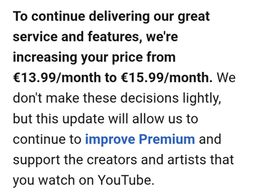 Correo electrónico sobre el aumento de la tarifa del plan individual de YouTube Premium
