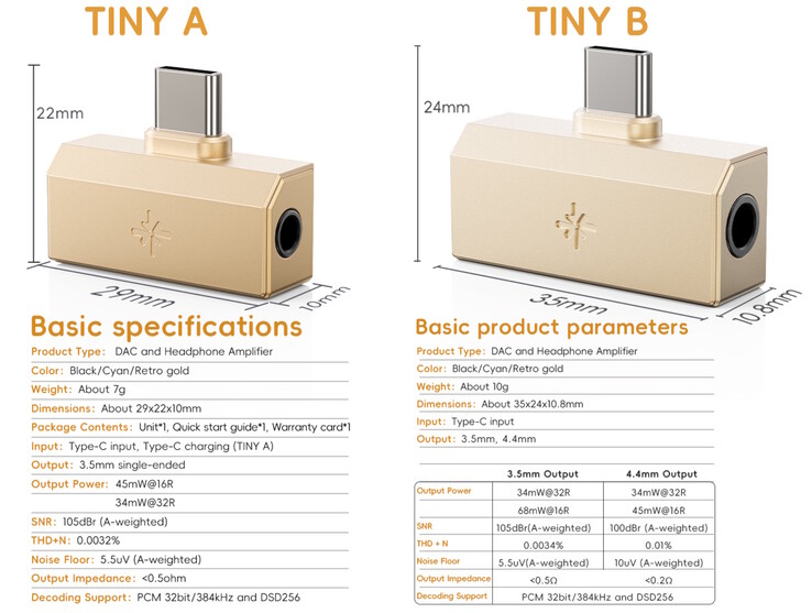 El FiiO Snowsky Tiny se presenta en dos modelos: uno con puerto de carga USB-C y conector de 3,5 mm, y otro con conectores de 3,5 mm y 4,4 mm. (Fuente de la imagen: FiiO)