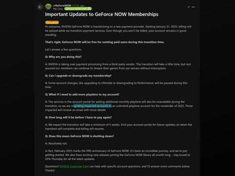 Nvidia GeForce Now Reddit update post (Fuente de la imagen: GeForce Now Reddit)