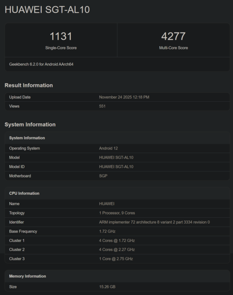 Debut en Geekbench del Kirin 9030 (fuente de la imagen: Geekbench)