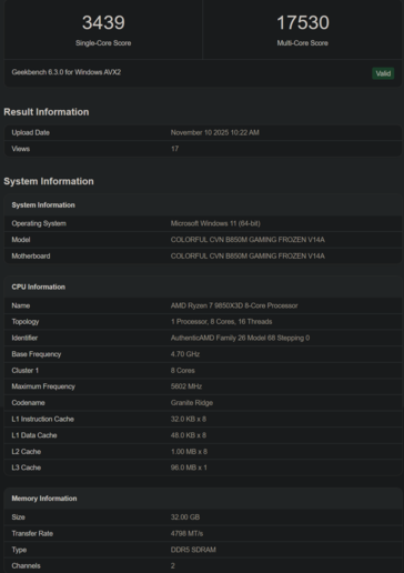 Ryzen 7 9850X3D Geekbench listado 2 (fuente de la imagen: Geekbench)
