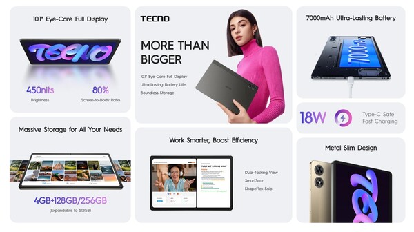 El Tecno Megapad 10 tiene una batería de 7.000mAh y se carga a 18W. (Fuente de la imagen: Tecno)