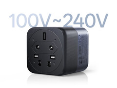 El cargador Ugreen X575 es compatible con un amplio rango de voltaje. En la imagen: una fotografía promocional en la que se muestra la parte inferior del adaptador.