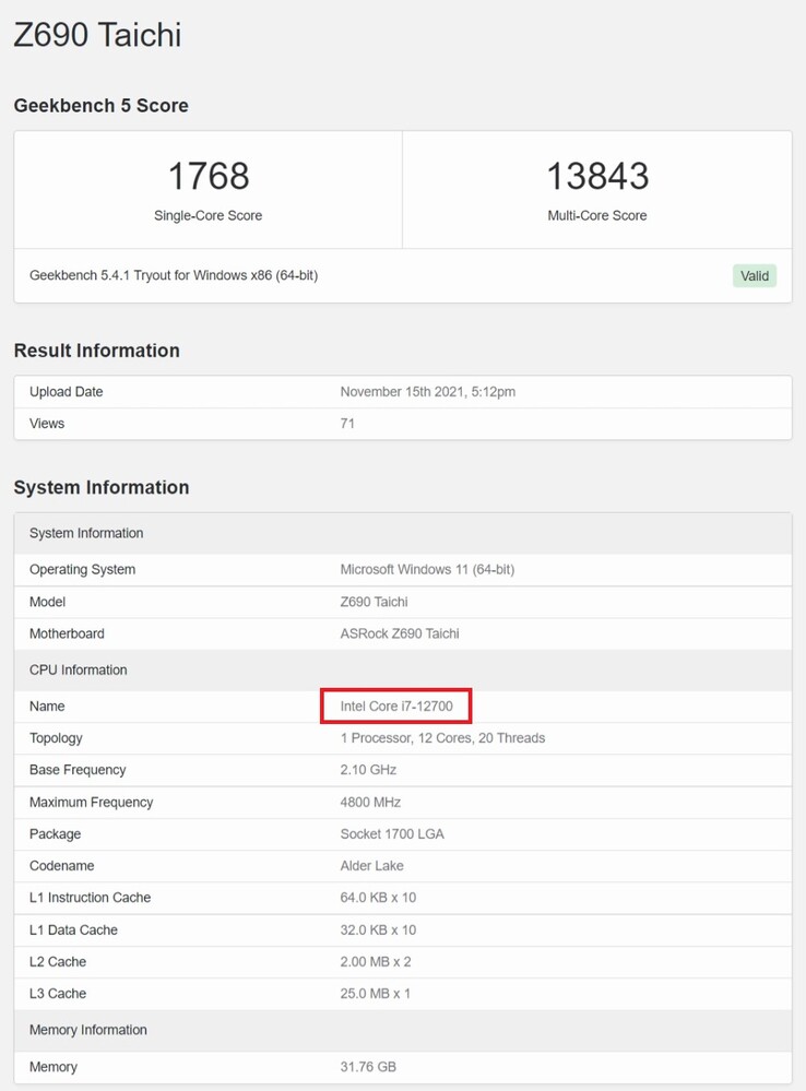 Intel Core i7-12700. (Fuente de la imagen: Geekbench)