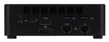 Vista trasera del mini PC iiyama que muestra los puertos HDMI, DisplayPort, USB, Ethernet y de alimentación