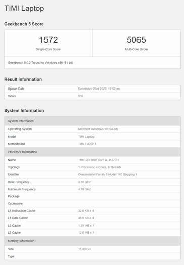 Mi Notebook Pro con Intel Tiger Lake Core i7-11370H. (Fuente: Geekbench)