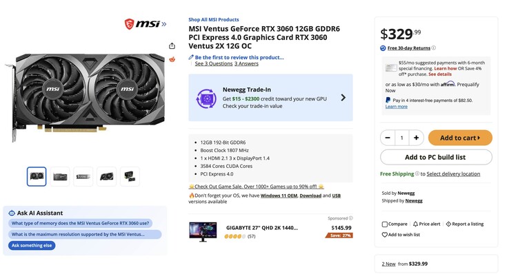 La imagen muestra la nueva ficha de producto de la RTX 3060, concretamente la MSI Ventus RTX 3060 con 12 GB de memoria, a un precio de 329 dólares.