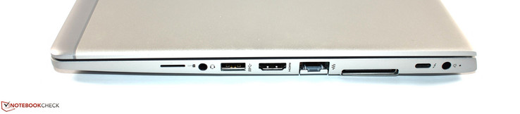 derecha: ranura SIM, conector combo de audio, USB 3.0 tipo A, HDMI, ethernet RJ45, puerto de acoplamiento, Thunderbolt 3, alimentación