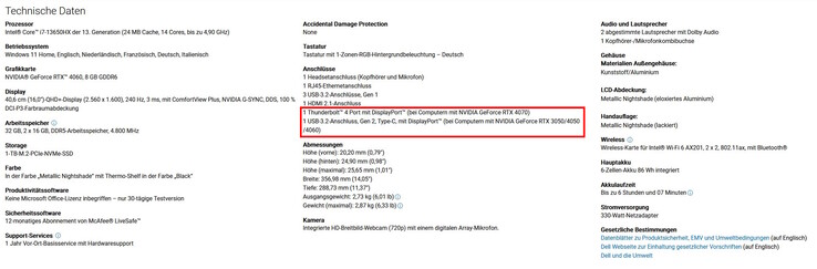 ¿Por qué Thunderbolt 4 sólo se ofrece a las SKU con RTX 4070 en adelante (fuente: captura de pantalla del sitio web de Dell)?