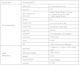 Especificaciones del Nitro PG271K (Fuente de la imagen: Acer - machine translated)