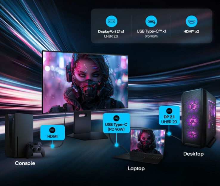 El UltraGear 32GX870B continas cuatro entradas de vídeo, incluido un puerto USB Tipo-C que puede recargar dispositivos a una potencia de hasta 90 W.