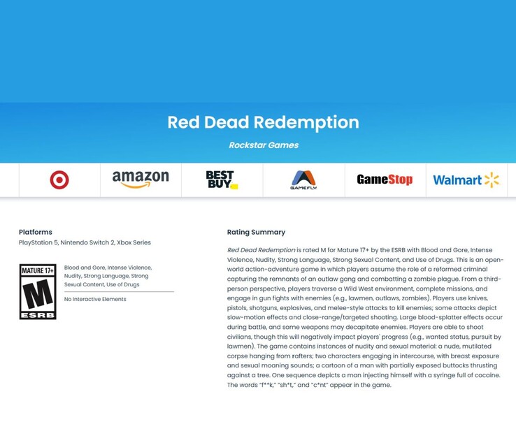 Página de clasificación de ESRB para Red Dead Redemption mostrando su etiqueta Mature 17+, las plataformas listadas y un resumen detallado del contenido (Fuente de la imagen: ESRB)