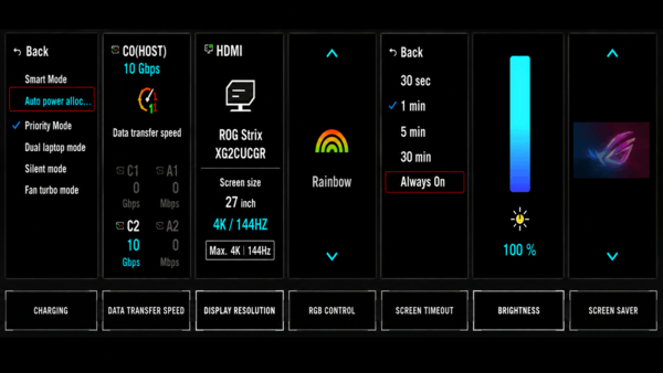 Interfaz de configuración de la base de carga ROG Flux