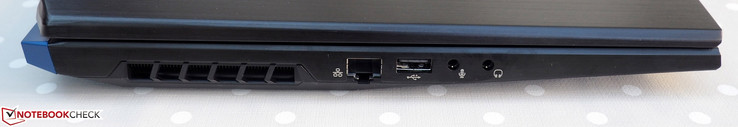 Lado izquierdo: RJ45-LAN, USB Tipo A 2.0, toma de micrófono, toma de auriculares