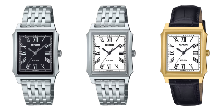 De izquierda a derecha: los relojes Casio MTP-B190D-1BV, MTP-B190D-7BV y MTP-B190GL-7BV. (Fuente de la imagen: Casio)