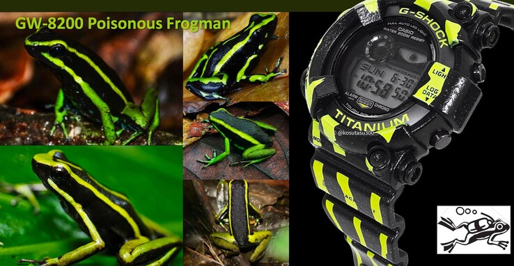 Una posible foto filtrada del reloj Casio Frogman GW-8200TPF Poison Dart Frog (izquierda). (Fuente de la imagen: Kosutasu300 vía Instagram)