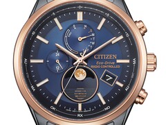 Primer plano del reloj Citizen BY1036-53L Eco-Drive con fases lunares, con esfera azul, bisel en tono oro rosa, caja de acero inoxidable negro y indicador analógico de las fases lunares a las 6 en punto.