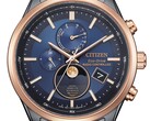 Primer plano del reloj Citizen BY1036-53L Eco-Drive con fases lunares, con esfera azul, bisel en tono oro rosa, caja de acero inoxidable negro y indicador analógico de las fases lunares a las 6 en punto.