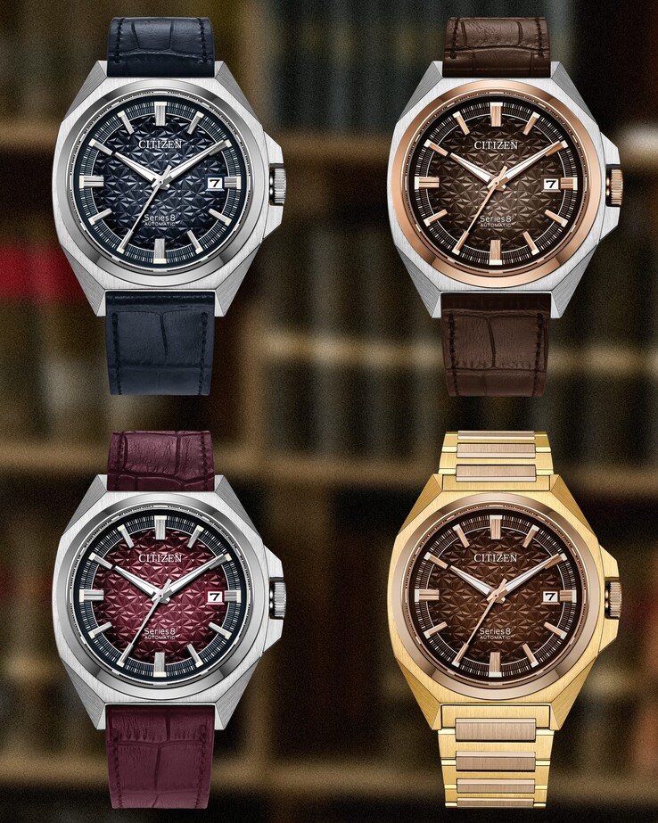 De arriba abajo: Relojes automáticos de la serie Citizen 8 831, de edición limitada, en azul marino, marrón, burdeos y naranja quemado, respectivamente.