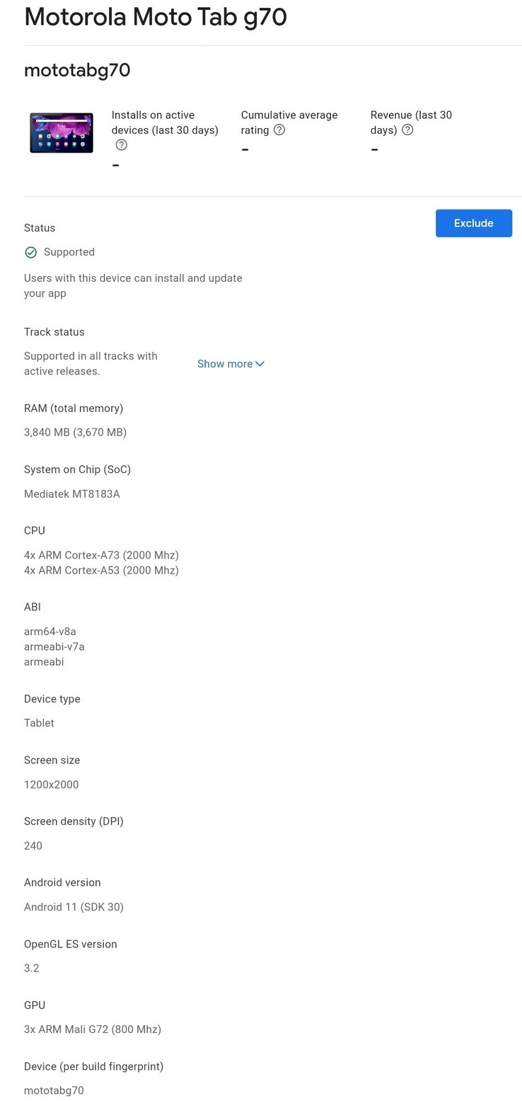 El nuevo listado del "Moto Tab G70". (Fuente: Google Play Console vía Abhishek Yadav en Twitter)