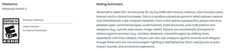 Clasificación ESRB para el port de Minecraft para Switch 2.