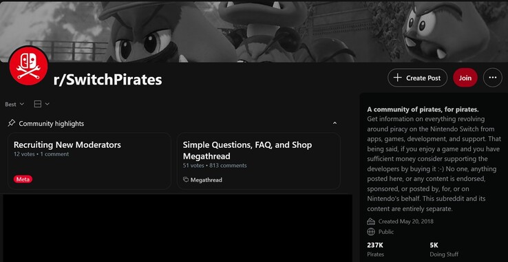 Se muestra el subreddit de piratería de Switch (Fuente de la imagen: captura de pantalla, r/SwitchPirates)