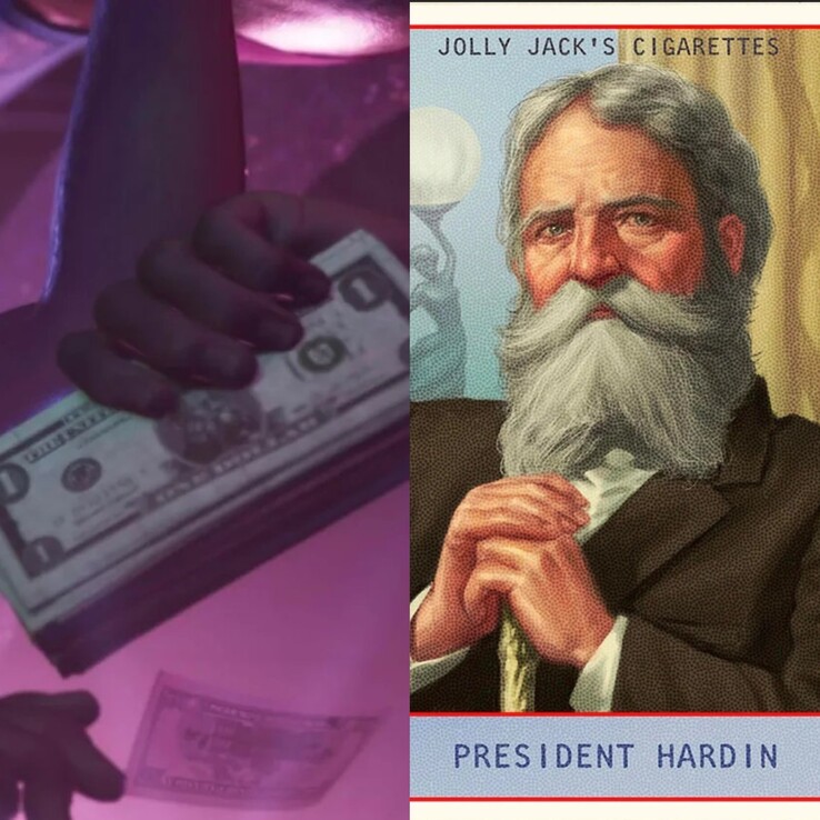 Imagen que muestra el dinero en GTA 6 del tráiler 2 junto al presidente Hardin. (Fuente de la imagen: Synth Potato en X)