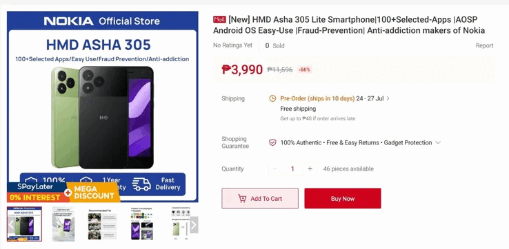 El teléfono ya figura en el catálogo de un minorista de Filipinas por 3.990 PHP (aproximadamente 65 dólares).