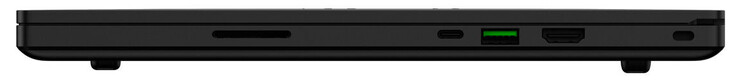 Lado derecho: Lector de tarjetas SD, un puerto Thunderbolt 3 (Tipo-C; DisplayPort y Power Delivery sobre USB-C), un puerto USB 3.2 Gen 2 Tipo-A, salida HDMI, ranura de seguridad Kensington